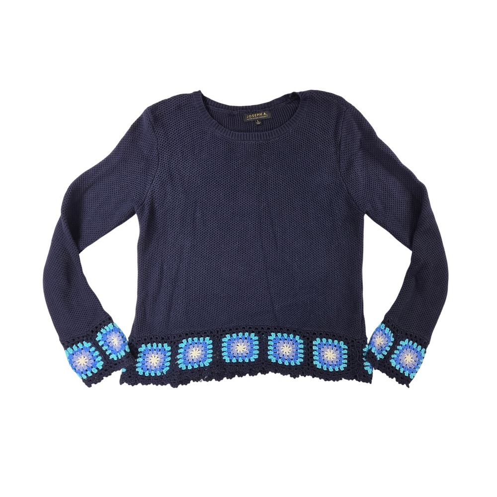 Granny Square Long Sleeve Navy Blue Cotton Knit Sweater Women Sz Large Fall crew